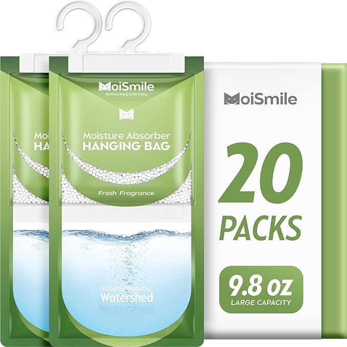 Moisture Absorbers 20 Pack Fresh Fragrance, Hanging Closet Dehumidifier Bags, Humidity Absorber, Compact Eliminates Odors Humidity Packs for Car, Bathroom, Bedroom, Basement, 9.8OZ by MoistureAbsorbers