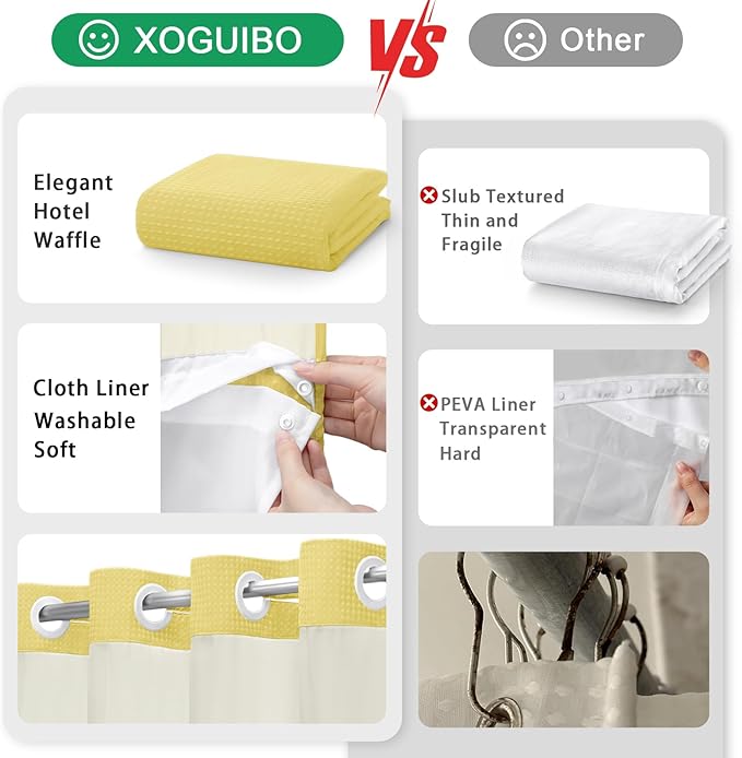 No Hook Shower Curtain and Liner Set,Yellow Hotel Waffle Shower Curtain with Liner 75" L x 72" W - Image 5