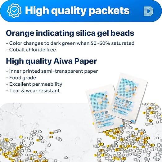 Dry & Dry 2 Gram [50 Packets] Orange Indicating Silica Gel Packets Desiccants - Food Safe Silica Packs, Silica Gel, Silica Packets, Desiccant Packs for Food Storage - Image 6
