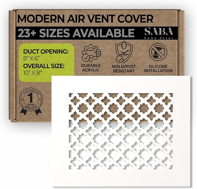 SABA Home Decor Air Vent Cover Grille - Acrylic Plexiglass 6" x 8" Duct Opening, 8" x 10" Overall White Finish Decorative Covers for Walls & Ceilings NOT for Floor USE, Venetian by SABAHomeDecor