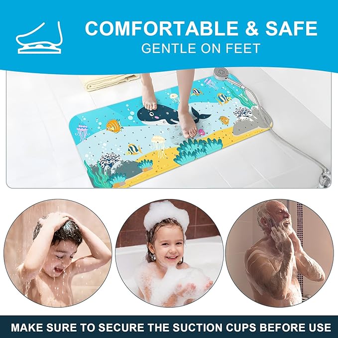 XIYUNTE Baby Bath Mat for Tub Non Slip Kids Bath Mat - 40''x16'' Extra Long Cartoon Bathtub Mat Non Slip Kids Shower Mat Eco-Friendly Toddler Bath Mats with Suction Cups, Machine Washable - Image 7