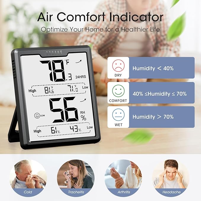 DOQAUS Upgraded Digital Hygrometer Room Thermometer Indoor, Humidity Meter with Large LCD Display, Temperature Humidity Monitor with Max Min Records, Black - Image 3