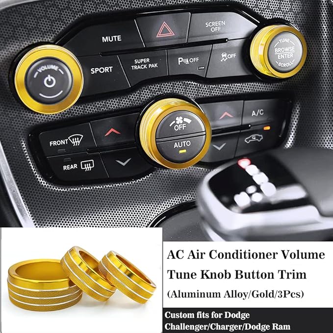 Auprite Climate Control Knob Covers for Challenger Accessories 2015-2023 2024, for Dodge Charger 2015-2023 2024, for Dodge Chrysler 300/300s 2015-2024,3Pcs Kit (Gold) - Image 2