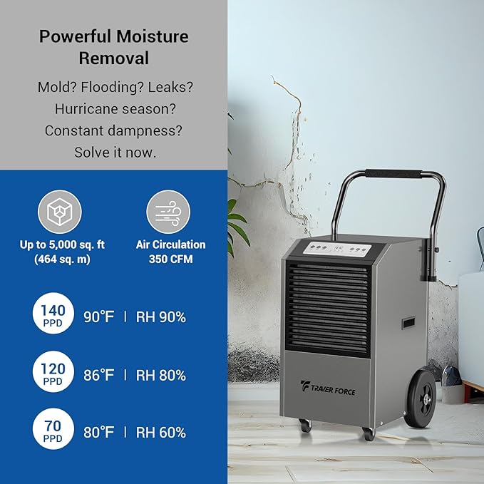 Traver Force Commercial Dehumidifier, 140 Pint Large Dehumidifier with Pump Drain Hose, Up to 5,000 sq. ft, for Crawl Space, Basement, Warehouse, Water Damage Restoration, Job Sites - Image 3