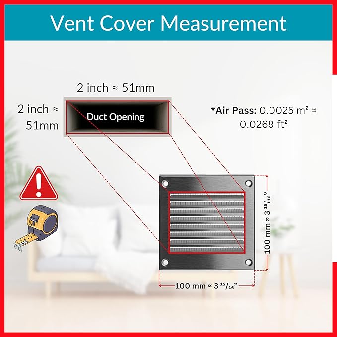 2x2 Vent Cover (Duct Opening) - HVAC Return Air Grille for Wall and Ceiling - Stainless Steel AC Vent Cover with Mesh - Rectangular Ventilation Register - Overall Size: 3.94" W x 3.94" H - Image 6
