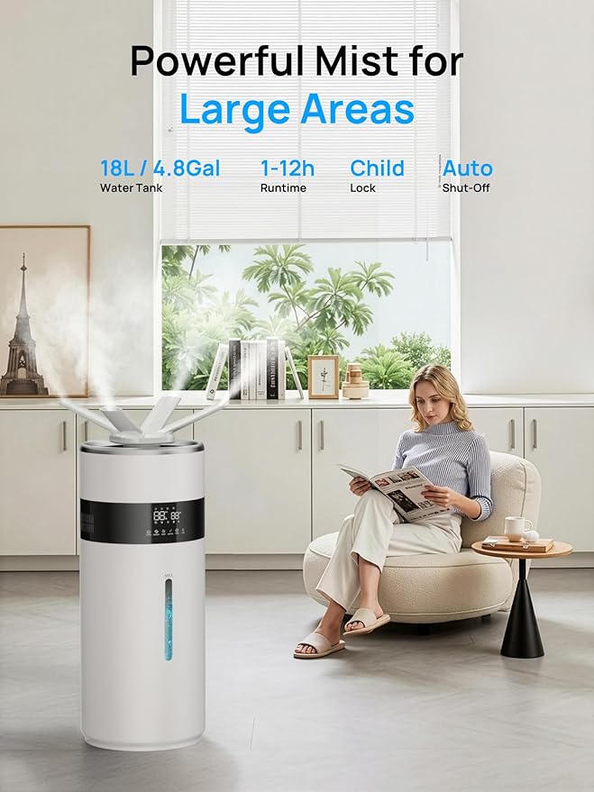 1200ml/h Humidifier for Bedroom up to 2000 sq.ft, 4.8Gal/18L Large Tank Humidifier, 40%-90% Custom Humidity & Replaceable Nozzles, Top Fill Ultrasonic Whole House Humidifiers Large Room Office Indoor - Image 6