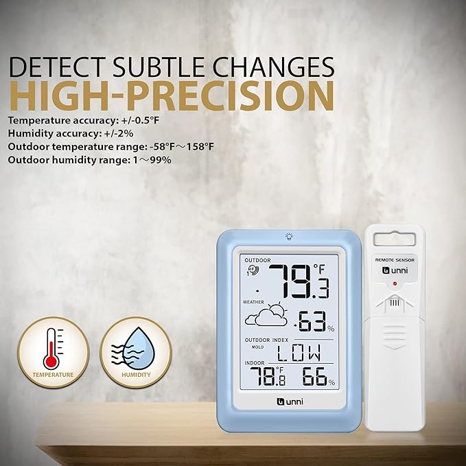 Indoor Outdoor Thermometer Wireless Weather Station, Temperature Humidity Monitor Battery Powered with 330ft Range Remote Sensor and Backlight Display（Light Blue） - Image 5