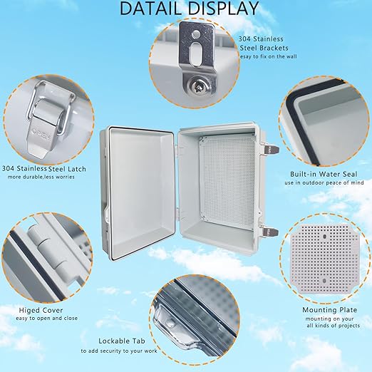 Outdoor Waterproof Box,IP67 ABS Junction Box Electrical Enclosure with Stainless Steel Latch, Hinged Cover Electric Box with Wall Brackets 15.7" Dx11.8 Wx7.1H - Image 3