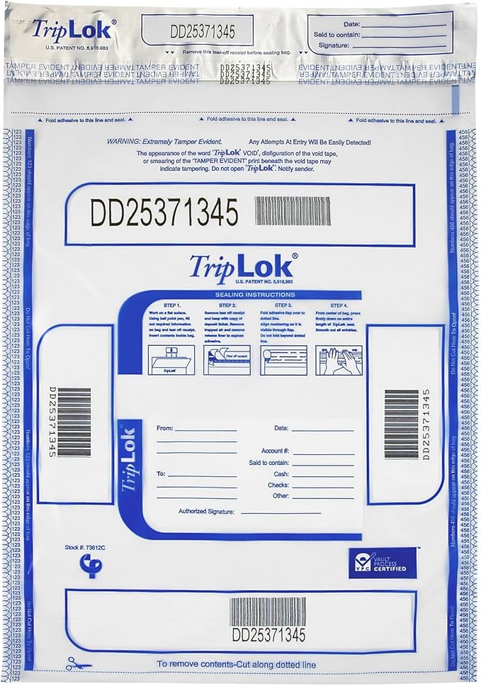 ControlTek TripLok 15" x 20", Clear, 50 Bags Tamper-Evident Deposit Bags for Cash Handling & Valuables, Moisture, Heat and Cold Sensitive Ink, Tear-Off Receipt + Large Barcodes 585048 by ControlTek
