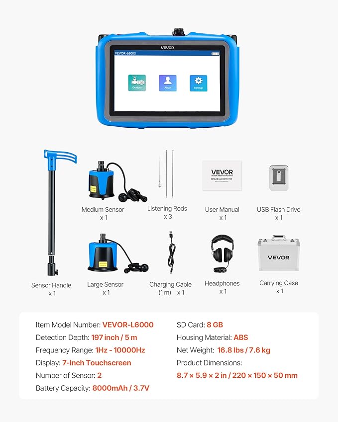VEVOR Pipe Water Leak Detector for Outdoors, 1Hz-10000Hz, 7" Touchscreen Leakage Detection Locator for 16.4FT (5m) Underground Plumbing - with Medium & Large Sensor, 3 Listening Rods, Headphone & Case - Image 7