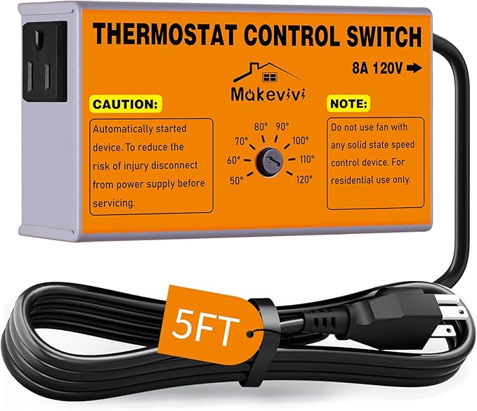 Attic Fan Thermostat-Control, Adjustable Thermostat with Overload Protector, Temperature Controlled Attic Fan, with Socket Easy to Install, Exhaust Fan Temperature Controller for Workshop, Greenhouse by EasyToOperateLow-CostSolution
