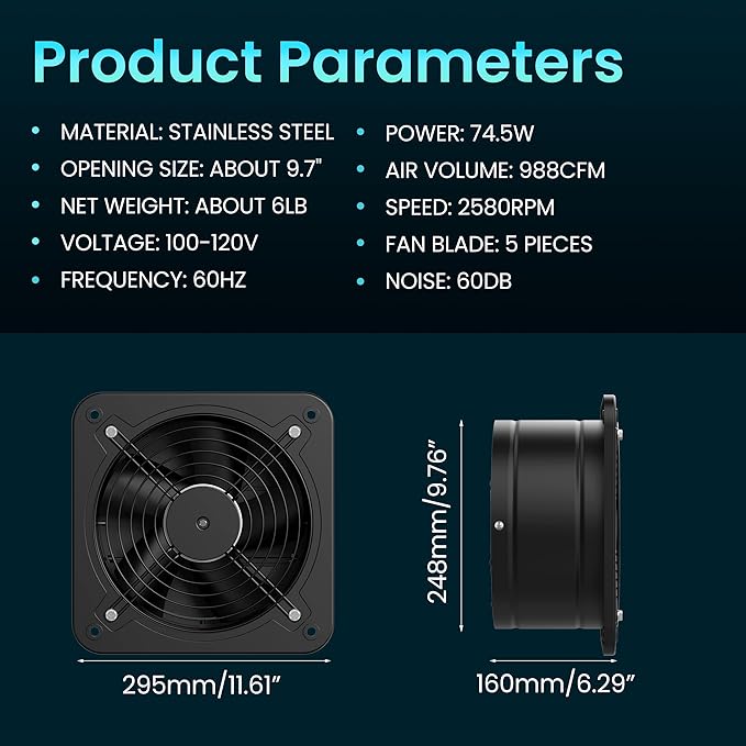 HG Power 10 Inch Exhaust Fan with Speed Controller, 988 CFM Kitchen Exhaust Fan with Damper, Metal Extractor Fan for Window, Attic, Ceiling, Basement Ventilation - Image 6