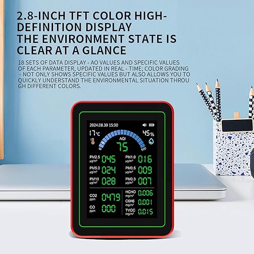 Indoor Air Quality Monitor, 18 in 1 Professional Meter, Battery Powered, Data Storage, Tester for CO2 TVOC HCHO PM2.5 PM10 Temp Humid - Image 2