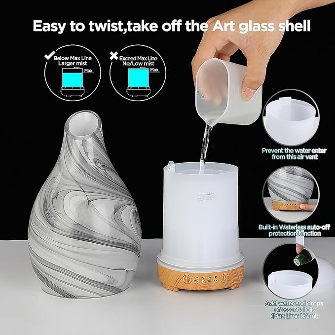 Essential Oil Diffuser, Art Glass Ultrasonic Aromatherapy Diffuser for Home 160ml with Intermittent Mist & LED 7 Colorful Changing Night Light for Bedroom-Ink Dyeing Time - Image 6