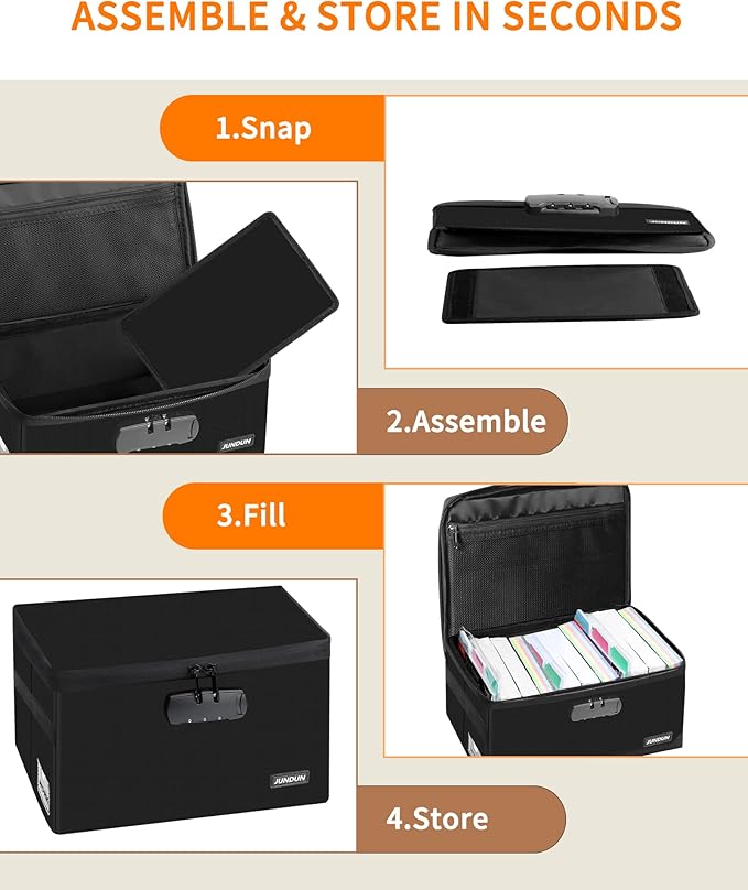 JUNDUN Index Card Holder with Lock,Collapsible Fireproof Index Card Box fits 1200 5x8-Inch Flash Cards - Business, Recipe, or Note Card Storage Boxes - Black - Image 5