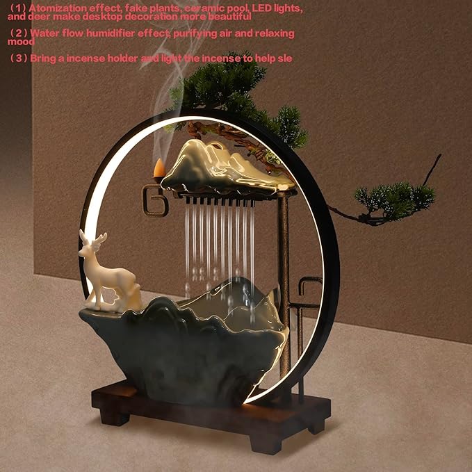 15In Water Fountains Indoor Tabletop Waterfall Humidifier with LED Light and Atomizer Mist, Japanese Zen Decor Meditation Fake Plants Bonsai Feng Shui Decor Festival Birthday surprise Good Luck Wealth - Image 4