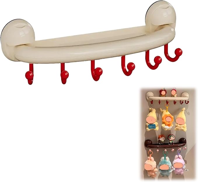 New Suction Cup Display Shelf and Hooks for Collectibles, Drill-Free, Heavy-Duty, 6 Hooks – for Bathroom, Kitchen, Entryway, Door Back, Key Storage and Blind Box Display (1pc, Cream Yellow) by Unknown