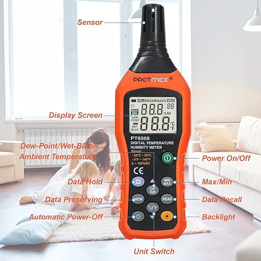 Protmex Digital Temperature Humidity Meter, Thermometer Hygrometer with Ambient Dew Point and Wet Bulb Temperature Indoor and Outdoor, Data Logger with Min/Max Hold, LCD Backlight, PT6508 - Image 2