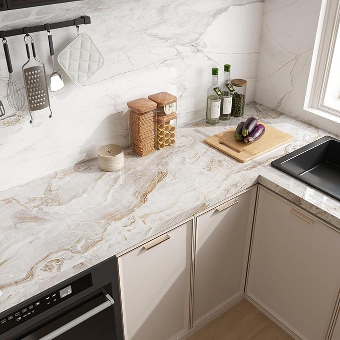 CRE8TIVE Wide 24"x354" Glossy Liquid Marble Countertop Contact Paper Peel and Stick Beige Gold Marble Wallpaper Vinyl Removable Self Adhesive Granite Contact Paper for Bathroom Wall Counter Tops Cover - Image 3