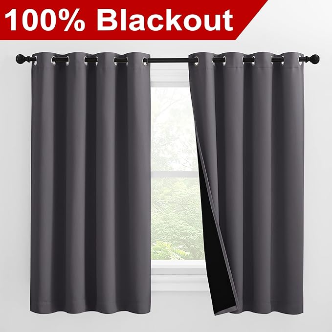 NICETOWN 100% Blackout Curtains with Black Liners, Thermal Insulated Full Blackout 2-Layer Lined Drapes, Noise Cancellation Window Draperies for Dining Room (Grey, 2 Panels, 55-inch W by 57-inch L) - Image 2