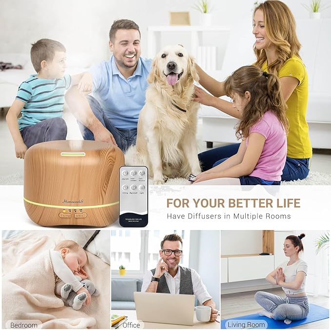 Homeweeks 300ml Essential Oil Diffuser, Quiet Aromatherapy Mist Diffusers for Essential Oils, Wood Grain, Ultrasonic, Remote Control, Timer, 7 Colors Light for Bedroom (300ml Yellow Wood Grain) - Image 2