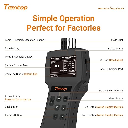 Temtop Handheld Particle Counter 0.3µm, 0.5µm, 1.0µm Particulate Monitor PM2.5, PM10, TSP, Temp & Humidity Detector - Image 7
