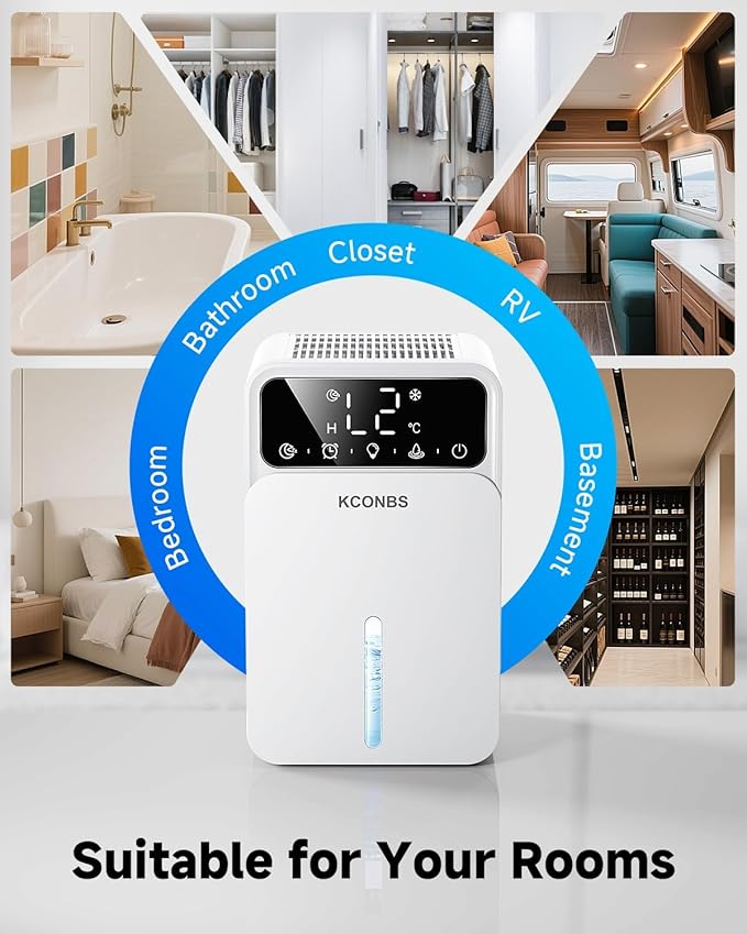 Dehumidifier for Home, 60 OZ Capacity, Auto Shut-Off for Medium Rooms up to 500 Sq.Ft, Portable Quiet for Bedroom Bathroom Basement, 24H Timer & 7 Color Lights (White, 7.36 × 6.77 × 10.47 inch) - Image 6