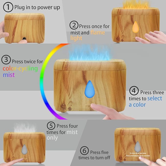 Flame Diffuser for Essential Oils, 200ml Ultrasonic Aroma Diffusers with Cool Mist, Aromatherapy Diffuser with Auto-Off Protection (Wooden Grain(7 Colors), Peppermint+Lavender+Tea Tree+Lemon) - Image 3