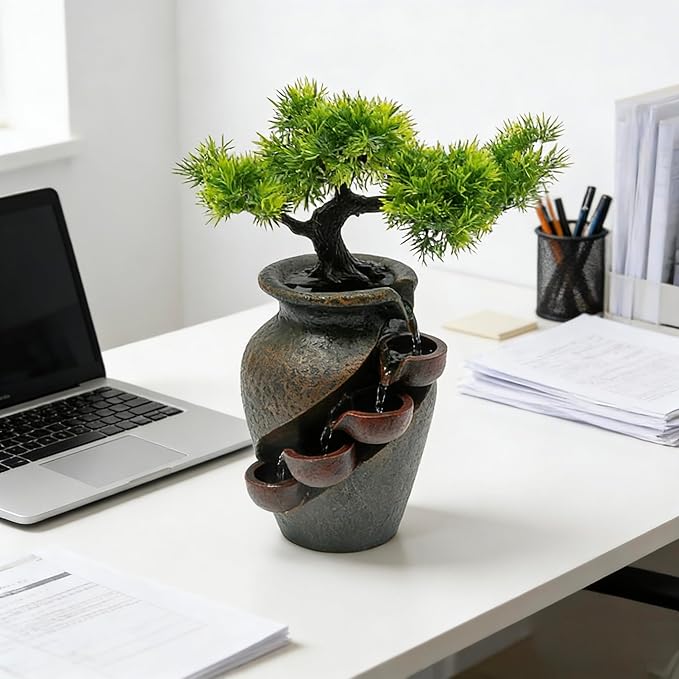 8.7inch Vase Type Artificial Bonsai Tree Fake Plant Mini Tabletop Waterfall Fountain with Water Flow, Indoor Desktop Decoration for Office Restaurant Coffee Home Decor or Festival Birthday Surprise - Image 4