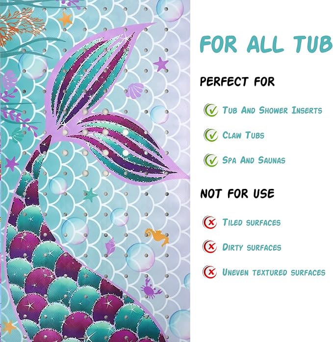 Mermaid Bathtub Mat Non Slip, Cute Baby Bath Mat for Tub Rubber Tub Mat, Kids Bath Mats for Bathroom Little Girls Anti Slip Shower Mat with Suction and Drain Holes Machine Washable, 40″X16″ - Image 7