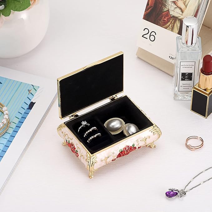 Hipiwe Vintage Metal Jewelry Box Small Treasure Chest Case Trinket Organizer Earrings Necklace Bracelet Storage Box Ring Box Holder Keepsake Box for Women - Image 3