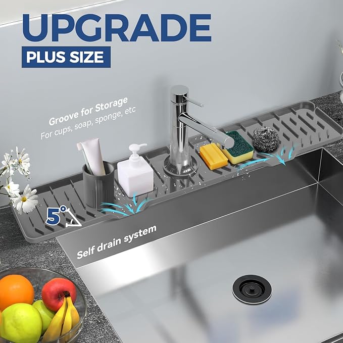 24" Splash Guard Plus Size Silicone Sink Faucet Drying Mat Handle Drip Catcher Tray Dish Sponge Holder Kitchen Accessories Protector Home Organization Gadgets Organizer - Image 4