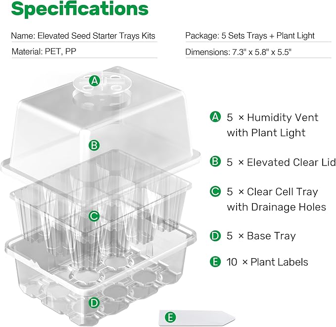 Bonviee 10 Packs Seed Starter Tray with Elevated Lid, 120 Cells Thicken Seed Starting Trays Kit with Adjustable Humidity Vent, Clear Cell Tray and Heightened Lids for Greenhouse & Gardens, Clear - Image 2