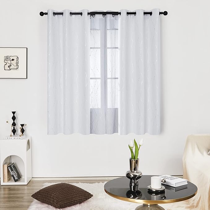 Deconovo Kitchen Curtains, Room Darkening Drapes, Thermal Insulated Soundproof Grommet Drape, Silver Wave Dots Print, 42 x 45 Inch, Machine Washable Window Panels for Small Windows Nursery, Set of 2 - Image 2