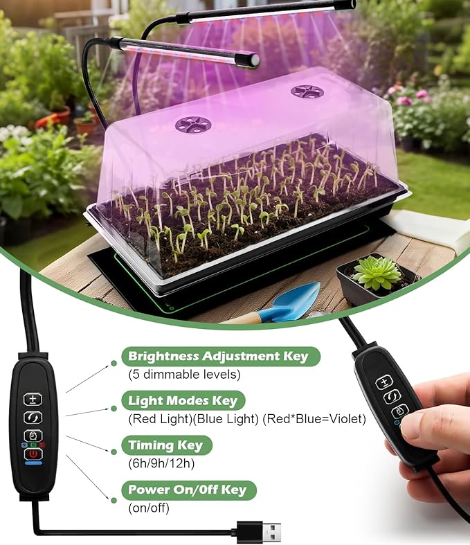 2-pack 1020 Trays with 7.3'' Domes & Heat Mats & Grow Lights – Heavy-Duty 1020 Seed Starter Kits, Seedling Trays with Humidity Domes & Waterproof Heating Mats & LED Lights for Germination Propagation - Image 4