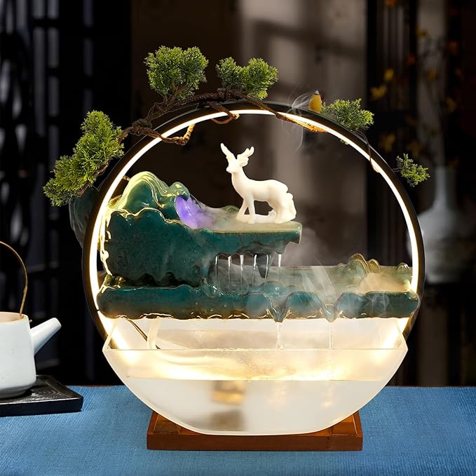 Tabletop Decoration Water Fountains Indoor Waterfall Fountains Humidifie with LED Light and Atomizer, Japanese Zen Decor for Meditation Fake Plants Bonsai Gift Feng Shui Decor - Image 8