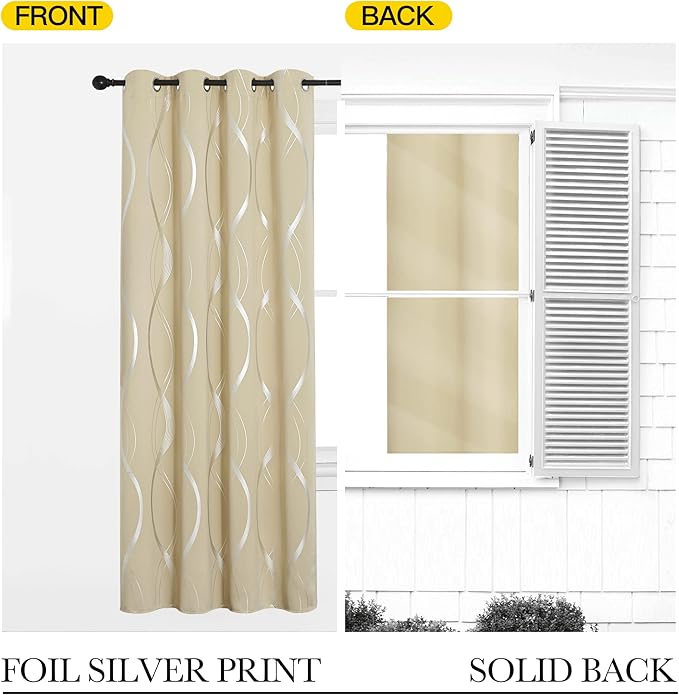 NICETOWN Bedroom Curtains Small Blackout Panels, Biscotti Beige, Set of 2, 42 by 40 Inch, Window Treatment Thermal Insulated Blackout Wave Line Foil Print Design Curtains for Kitchen, Cafe, Loft - Image 5