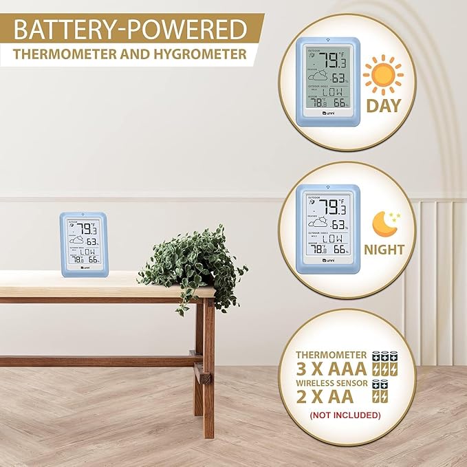 Indoor Outdoor Thermometer Wireless Weather Station, Temperature Humidity Monitor Battery Powered with 330ft Range Remote Sensor and Backlight Display（Light Blue） - Image 4