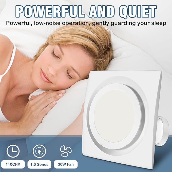 Bathroom Exhaust Fan with Light, 110 CFM, 1.0 Sones, 12.16” Ceiling Vent Fan with 20W LED Light, 3 Adjustable Color Temperatures, Ideal for Bathrooms and Toilets - Image 2