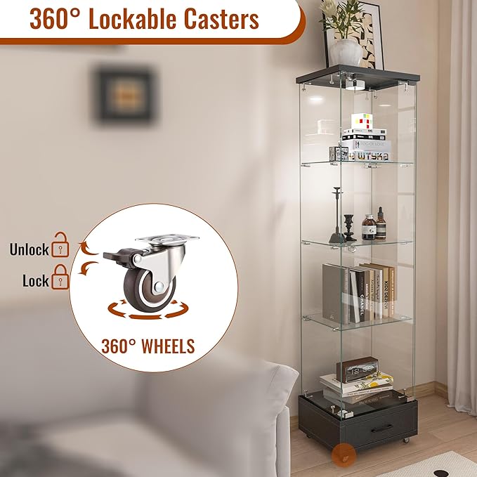 Yoluckea 4 Tiers Glass Display Cabinet with LED Lighting and Drawer, 1 Door Floor Standing Curio Cabinet with Wheel for Home, Office, Corner Display, Black Glass Bookshelf for Collections and Decor - Image 4