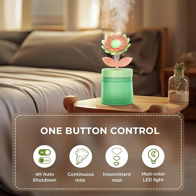 Cute Flower Mini Humidifier, 260ml Sunflower Desktop Humidifiers for Bedroom, Portable Small Cool Mist Humidification for Home, Baby Nursery, Office & Indoor Plants, USB Powered (Green) - Image 6