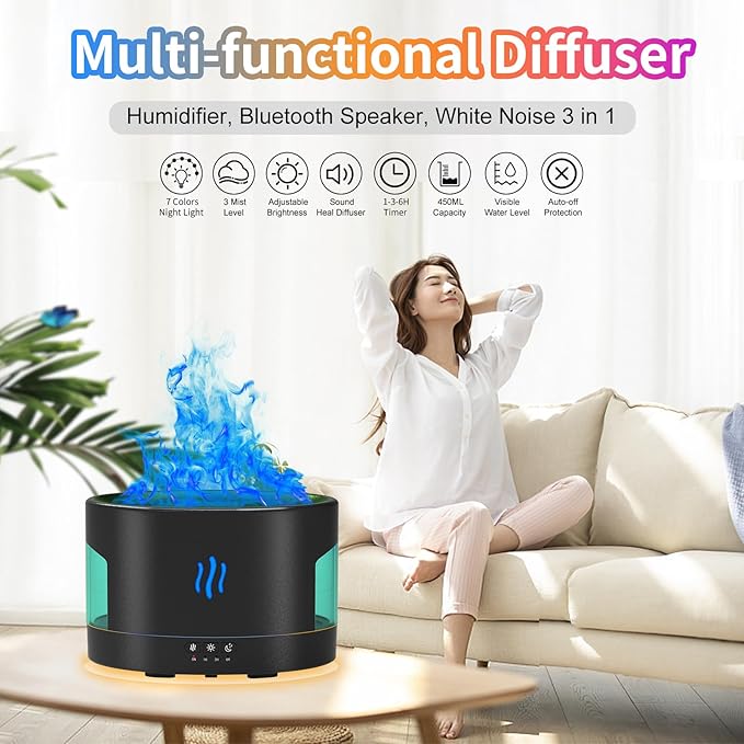 Oil Diffusers for Home large Room, 450ml Visible Water Tank, Air Diffuser Humidifier with Bluetooth Speaker, White Noise and Remote, Flame Humidifier for Bedroom,Office, 7 Colors Diffuser Gifts - Image 2