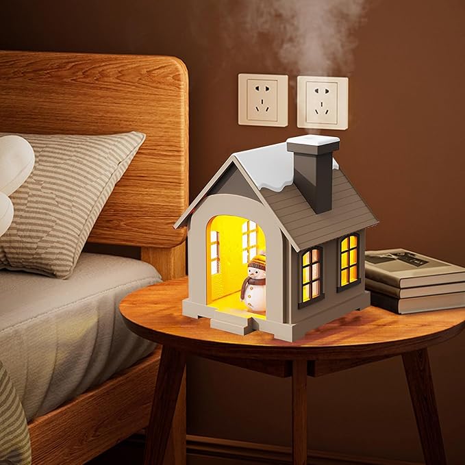 Christmas Village Houses Humidifier 500ml, Cute Snow House Cool Mist Humidifier with Snowman Figurines & Night Light for Bedroom & Office Décor (Brown) - Image 3
