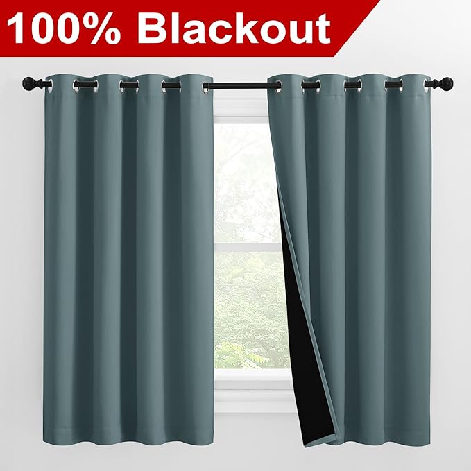 NICETOWN 100% Blackout Curtains 57 inches Long, Double-Deck Completely Blackout Window Treatment Thermal Insulated Lined Drapes for Small Window (Greyish Blue, 1 Pair, 55 inches Width Each Panel) - Image 2