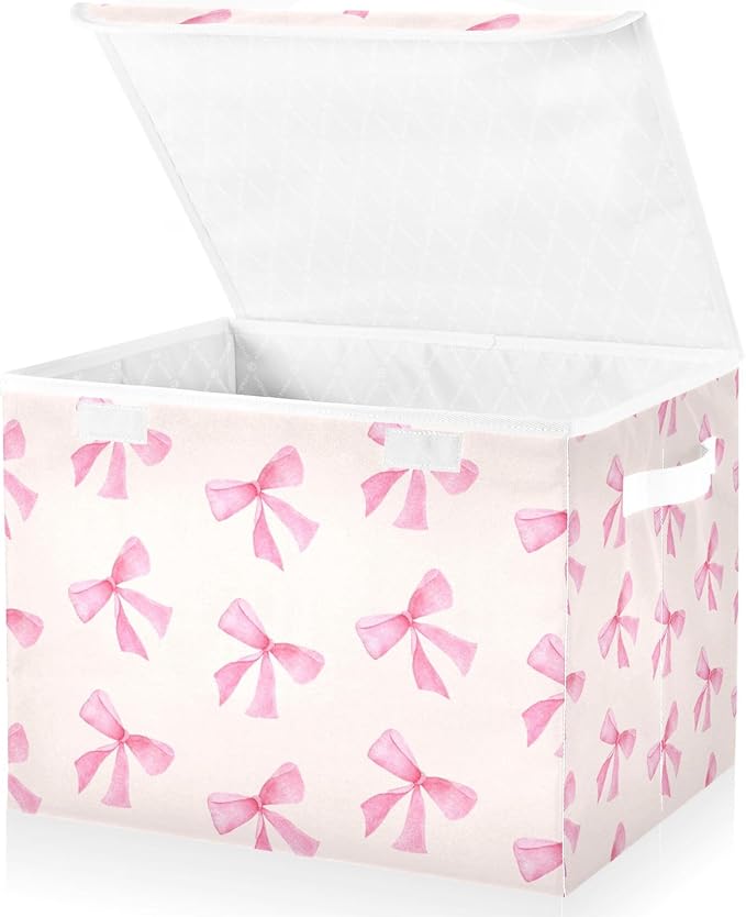 xigua Pink Bow Storage Bins with Lids and Carrying Handle,Foldable Storage Boxes Organizer Containers Baskets Cube with Cover for Home Bedroom Closet Office - Image 2