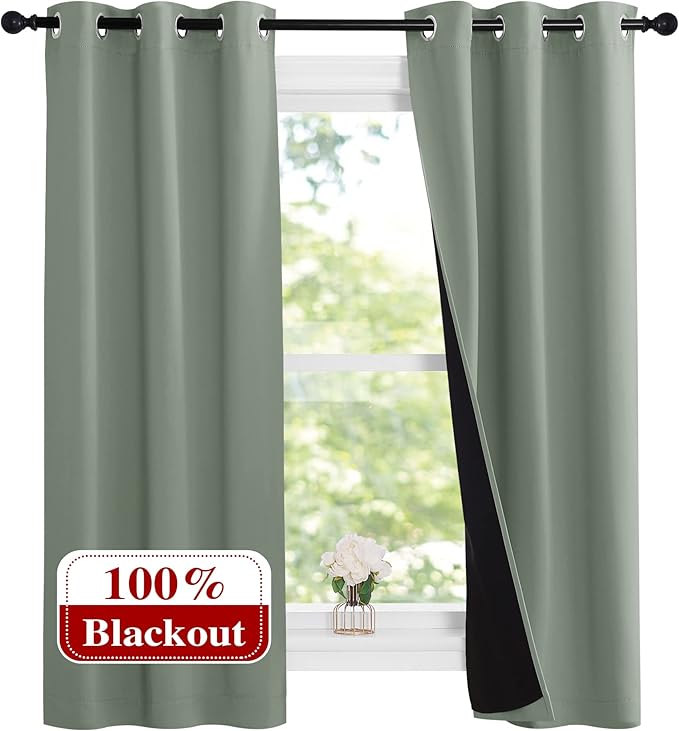 NICETOWN Greyish Green 100% Blackout Lined Curtains, 2 Thick Layers Narrow Wide Window Treatment Panels Thermal Insulated Drapes for Kitchen Small Window (1 Pair, 37" Width x 63" Length Each Panel) by NICETOWN