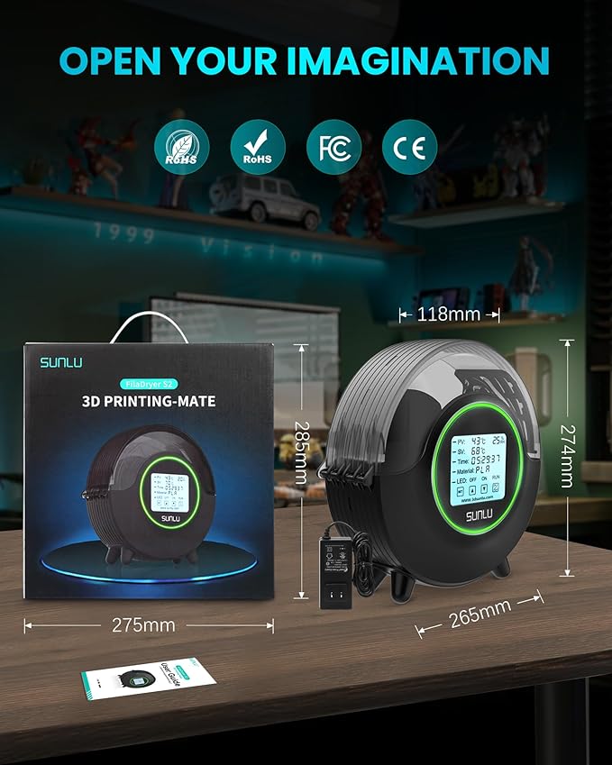 SUNLU Official Filament Dryer S2, Upgraded 3D Filament Dryer with 360°Heating Fan, Filament Dehydrator, One-Key Set with 4.6" Touch Sreen, Compatible with 1.75 2.85 3.00mm PLA PETG ABS Filament, Black - Image 7