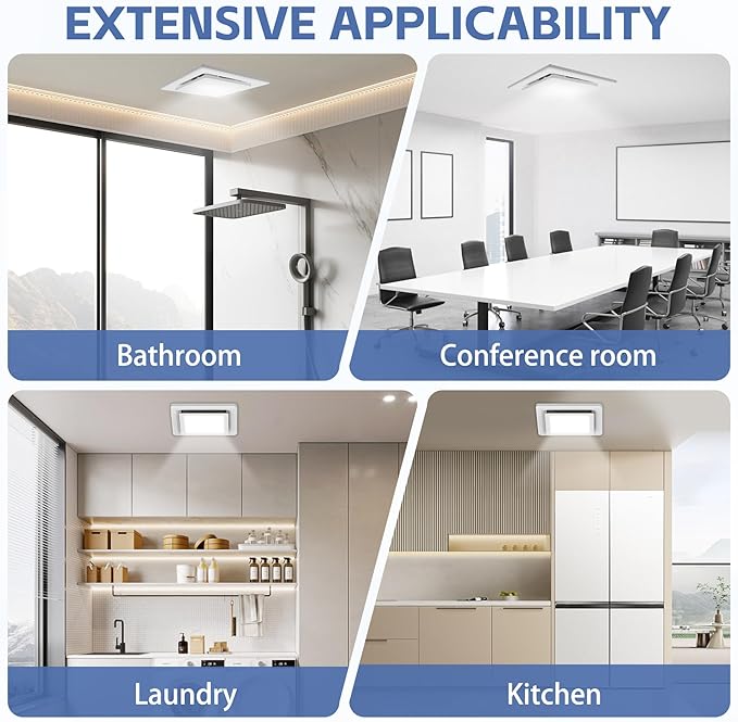 Bathroom Exhaust Fan with Light,11.8 In Panel,6000K 12W Square LED,141 CFM,0.7 Sones 4 Inches Duct 110V,Quiet Bathroom Ventilation Exhaust Fan for Shower/Restroom/Office/Home(6000K LED) - Image 8