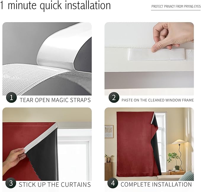 Adhesive Curtain 100% Blackout No-Drill Easy Install for Bedroom Blinds Light Blocking (Burgundy-35 W x 59" L-1P) - Image 2