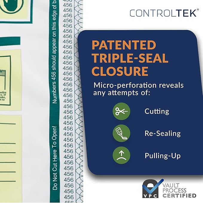 ControlTek SafeLok 12" x 16", Clear, 50 Bags, Tamper-Evident Deposit Bags for Cash Handling & Valuables, Moisture, Heat and Cold Sensitive Ink, Tear-off receipt + Large Barcodes 585093 - Image 3